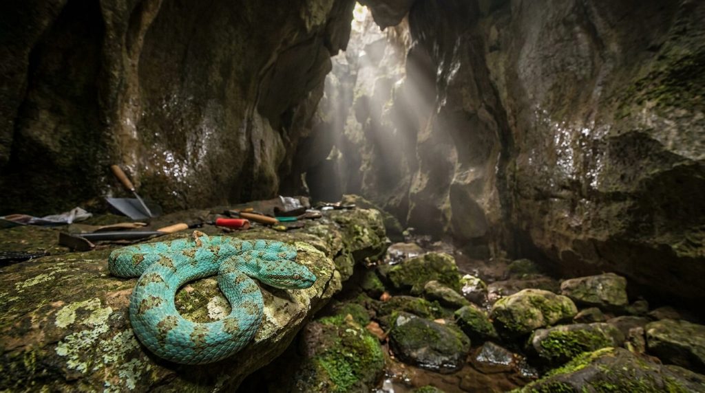 une découverte exceptionnelle d'une vipère turquoise dans une grotte du cambodge remet en question les connaissances actuelles des biologistes sur les espèces venimeuses.