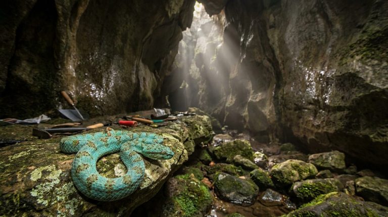 une découverte exceptionnelle d'une vipère turquoise dans une grotte du cambodge remet en question les connaissances actuelles des biologistes sur les espèces venimeuses.